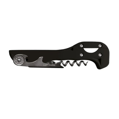Descorchador sommelier Boomerang X-Tend black, fabricado en Italia, con doble apoyo para extraer corchos sin esfuerzo.