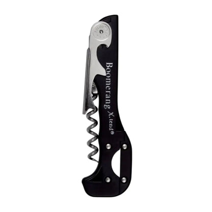 Descorchador sommelier Boomerang X-Tend negro, fabricado en Italia, con doble apoyo para extraer corchos sin esfuerzo.