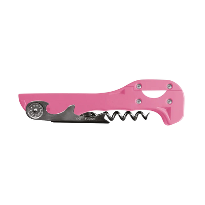 Descorchador de doble apoyo Boomerang X-Tend rosa, diseñado en Italia para una apertura rápida y sin esfuerzo.