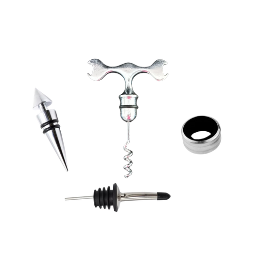 Kit de vino con descorchador profesional y accesorios completos para una experiencia de servicio perfecta.