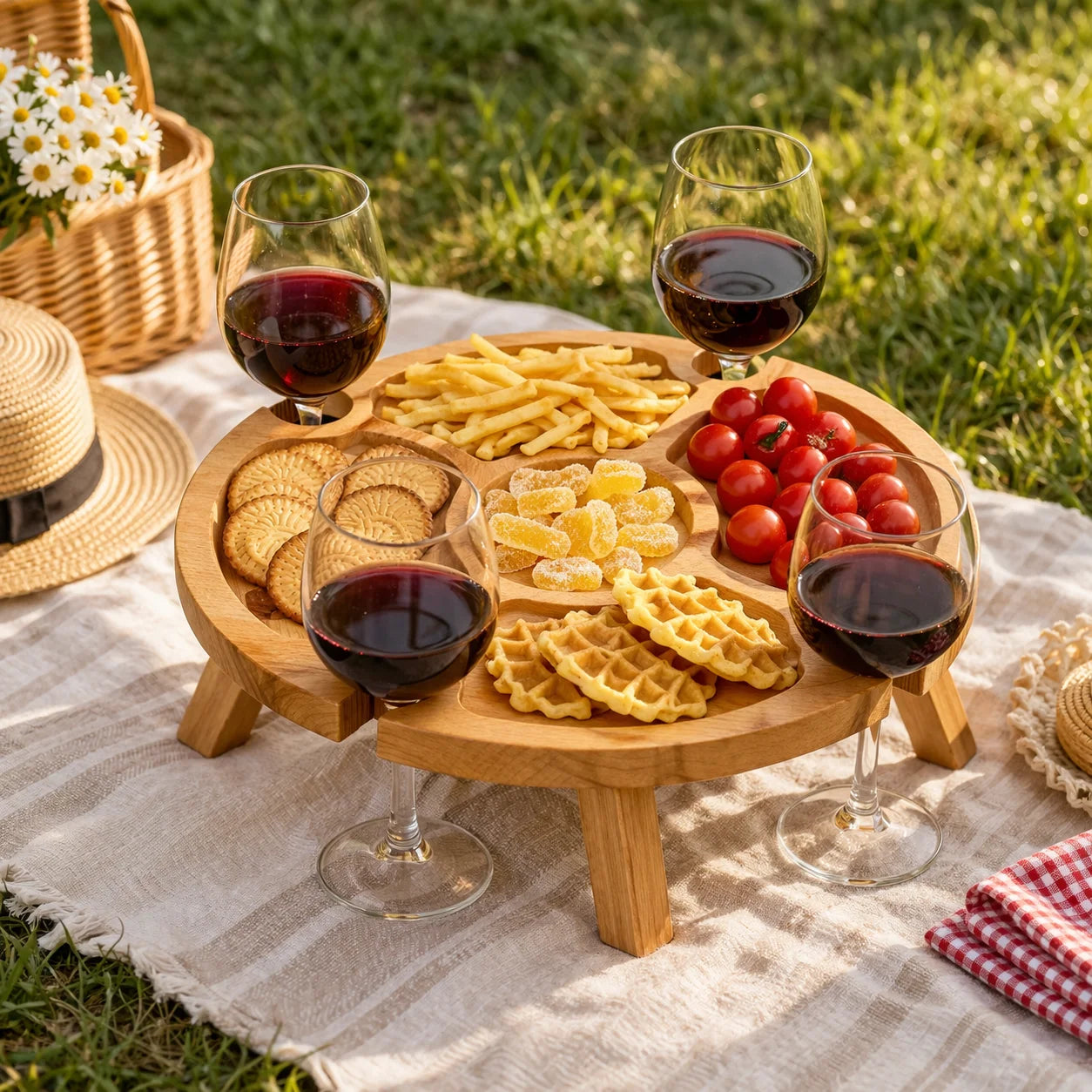 Mesa portátil para vino y aperitivos | 4 copas