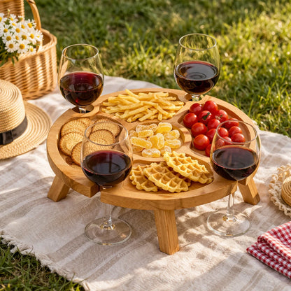 Mesa portátil para vino y aperitivos | 4 copas