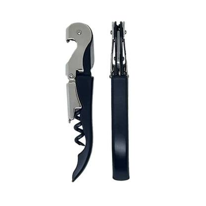 Sacacorchos profesional de 2 tiempos en color negro, herramienta eficiente para abrir botellas de vino con precisión.