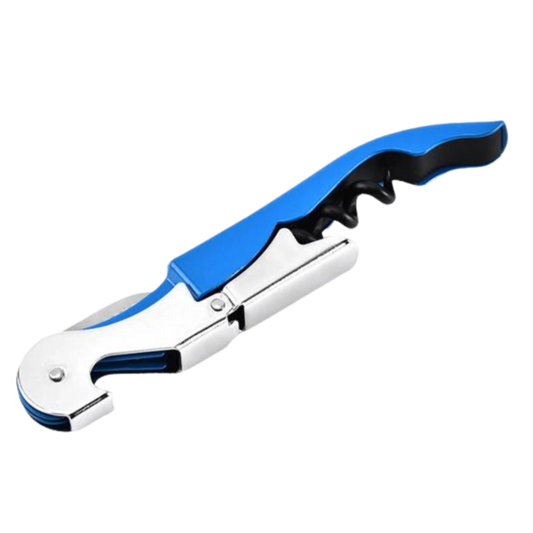 Sacacorchos azul de 2 pasos con mecanismo resistente, ideal para profesionales y amantes del vino.