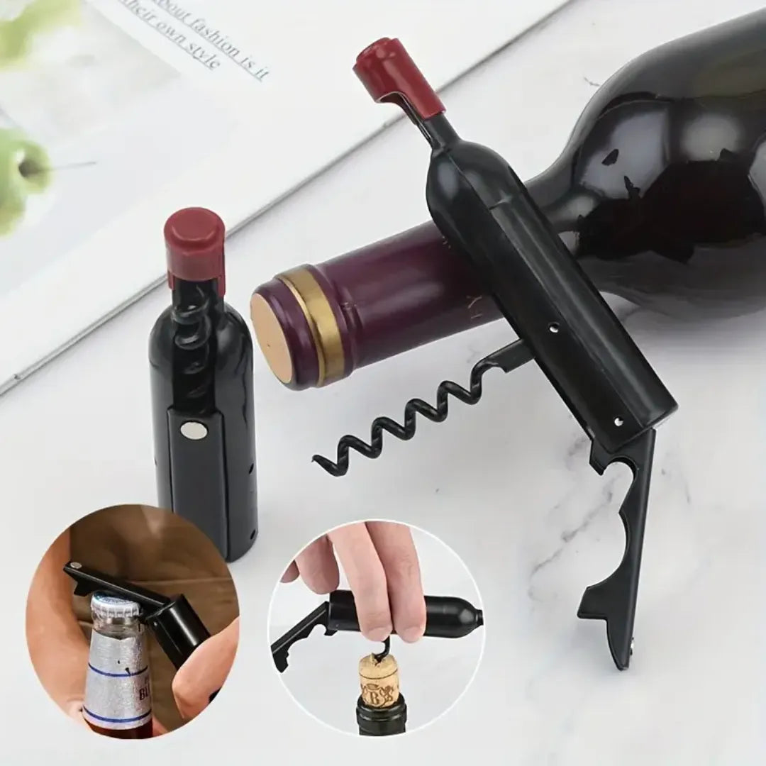 Sacacorchos en forma de botella con imán, herramienta versátil para abrir botellas de vino y latas de cerveza.