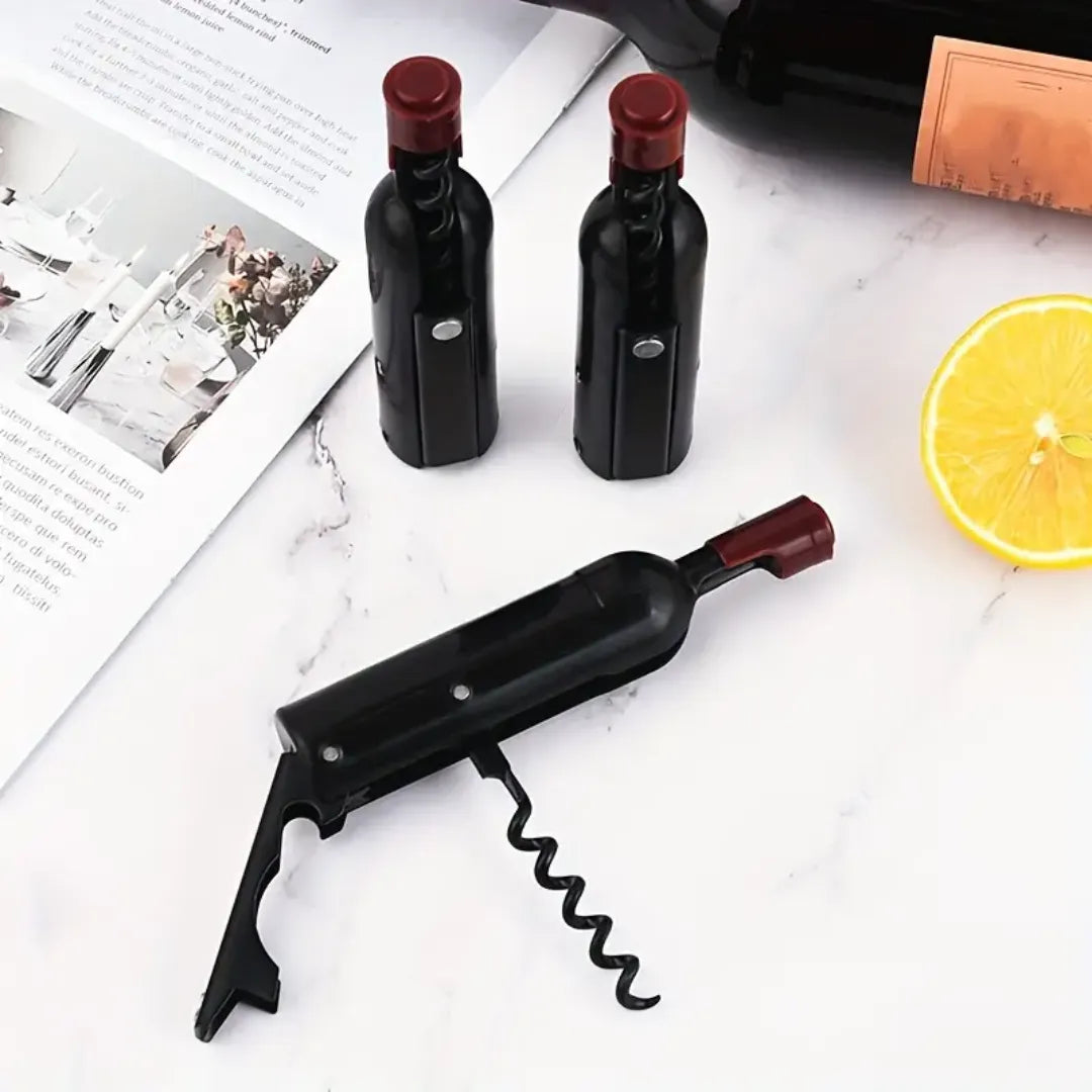 Sacacorchos 2 en 1 con imán y diseño de botella, práctico accesorio para abrir botellas de vino y latas de cerveza.