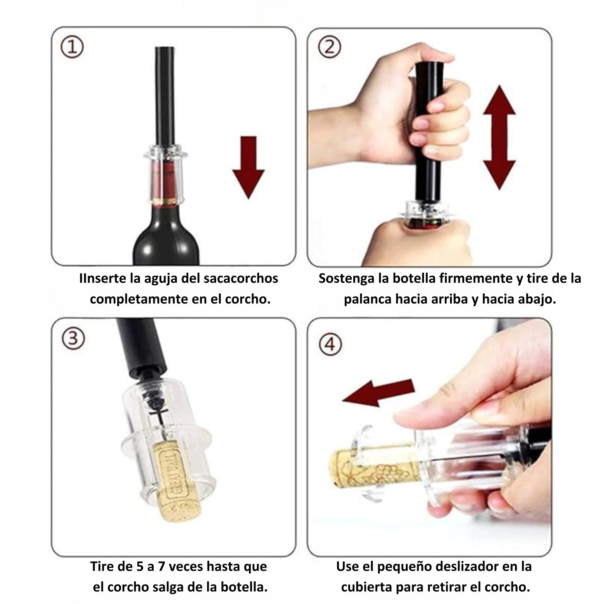 Sacacorchos manual de presión, diseñado para una apertura rápida y sin esfuerzo de botellas de vino.