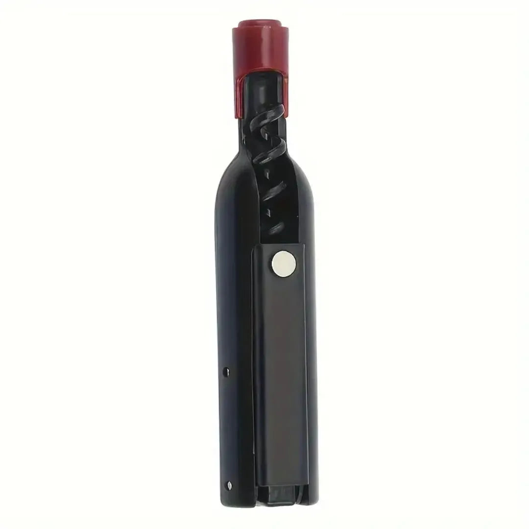 Sacacorchos multiusos con diseño de botella, incluye imán y abridor de latas, ideal para vino y cerveza.