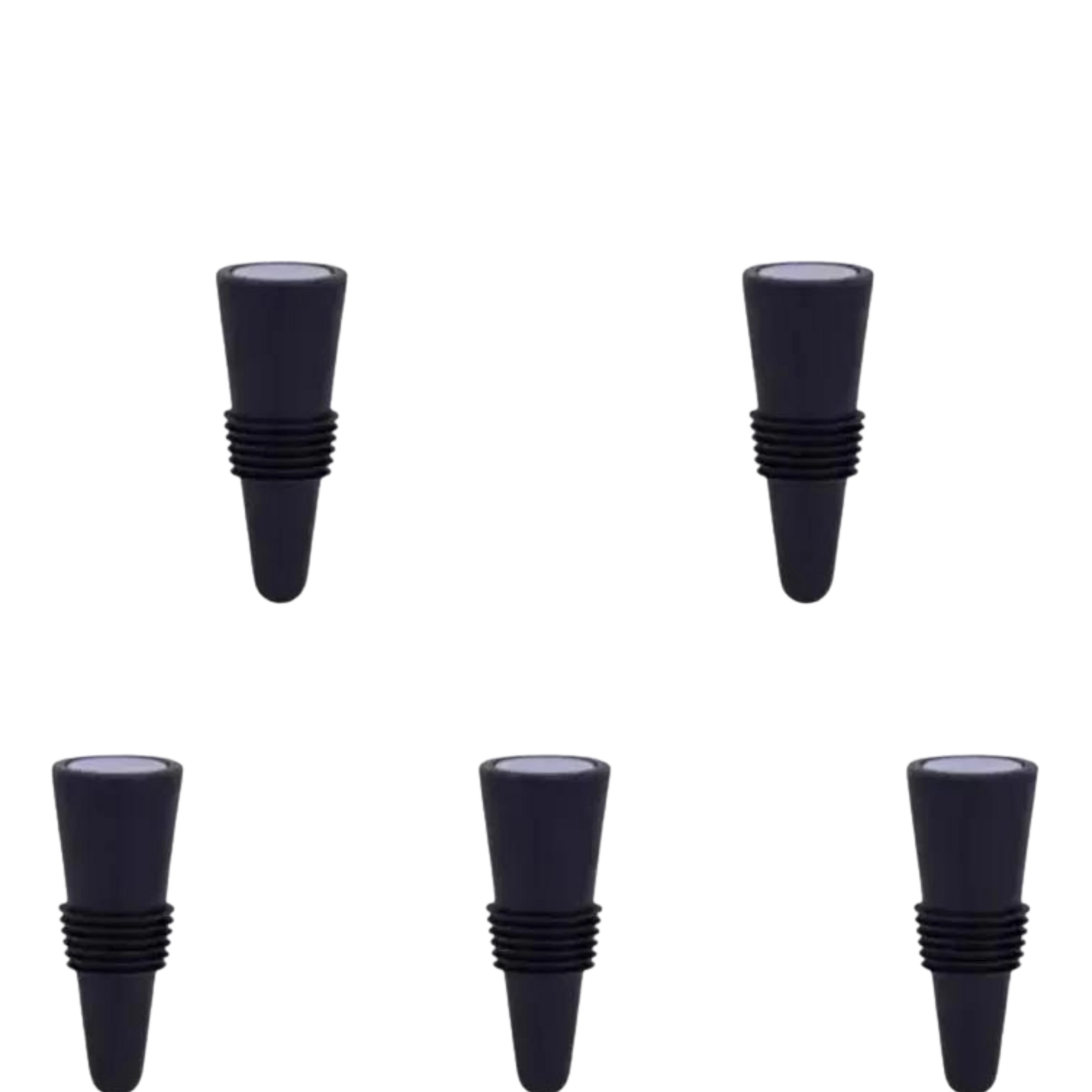 Set de 5 tapones de silicona para botellas de vino, diseño hermético que conserva la frescura y evita derrames.