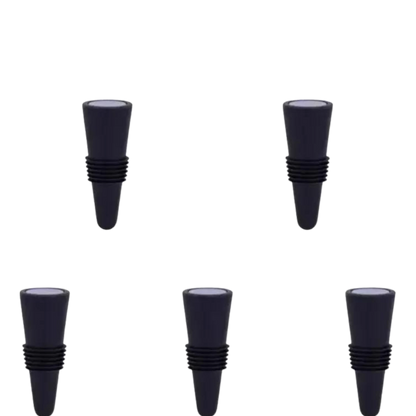 Set de 5 tapones de silicona para botellas de vino, diseño hermético que conserva la frescura y evita derrames.