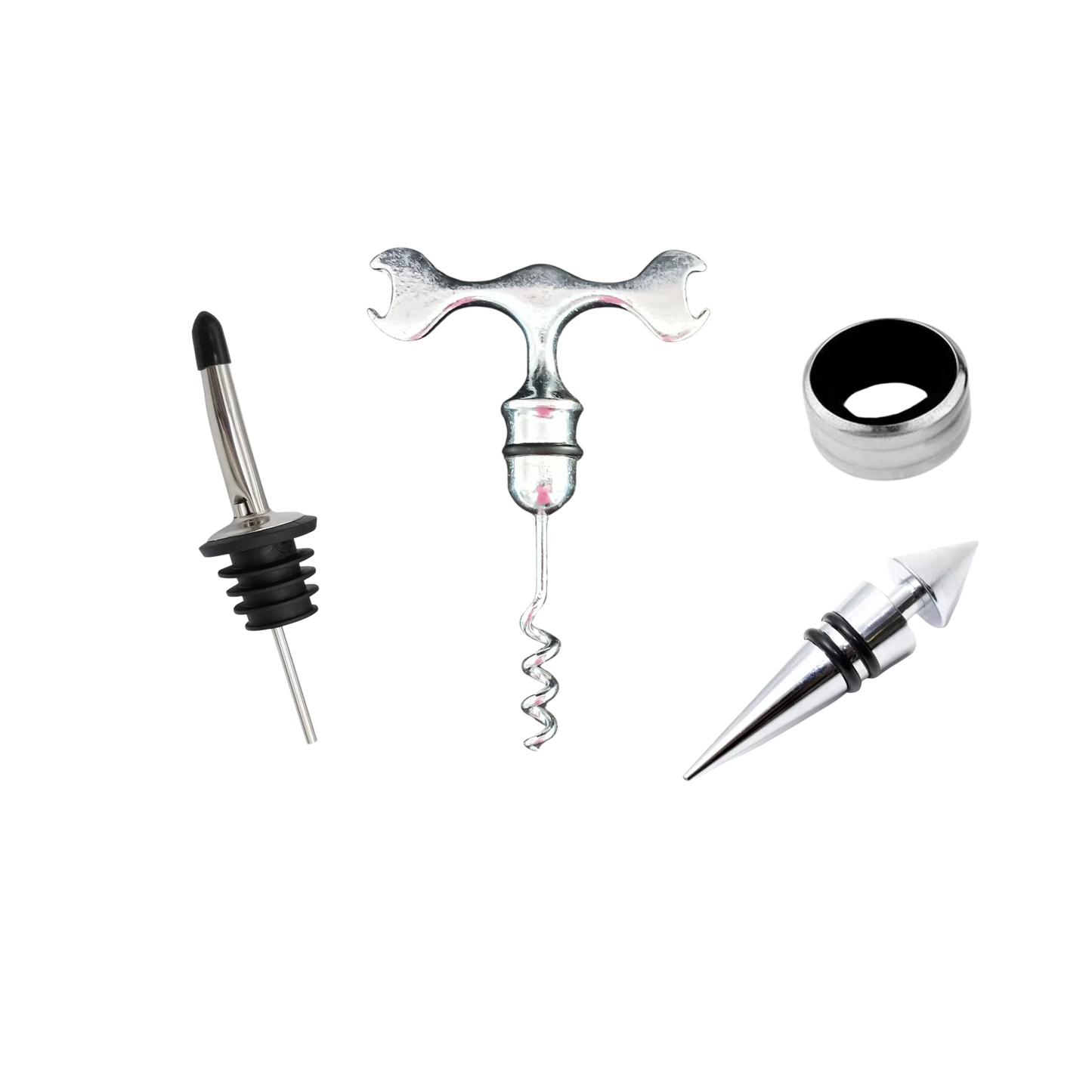 Set de accesorios para vino con descorchador, tapón y vertedor antigoteo, ideal para amantes del vino.