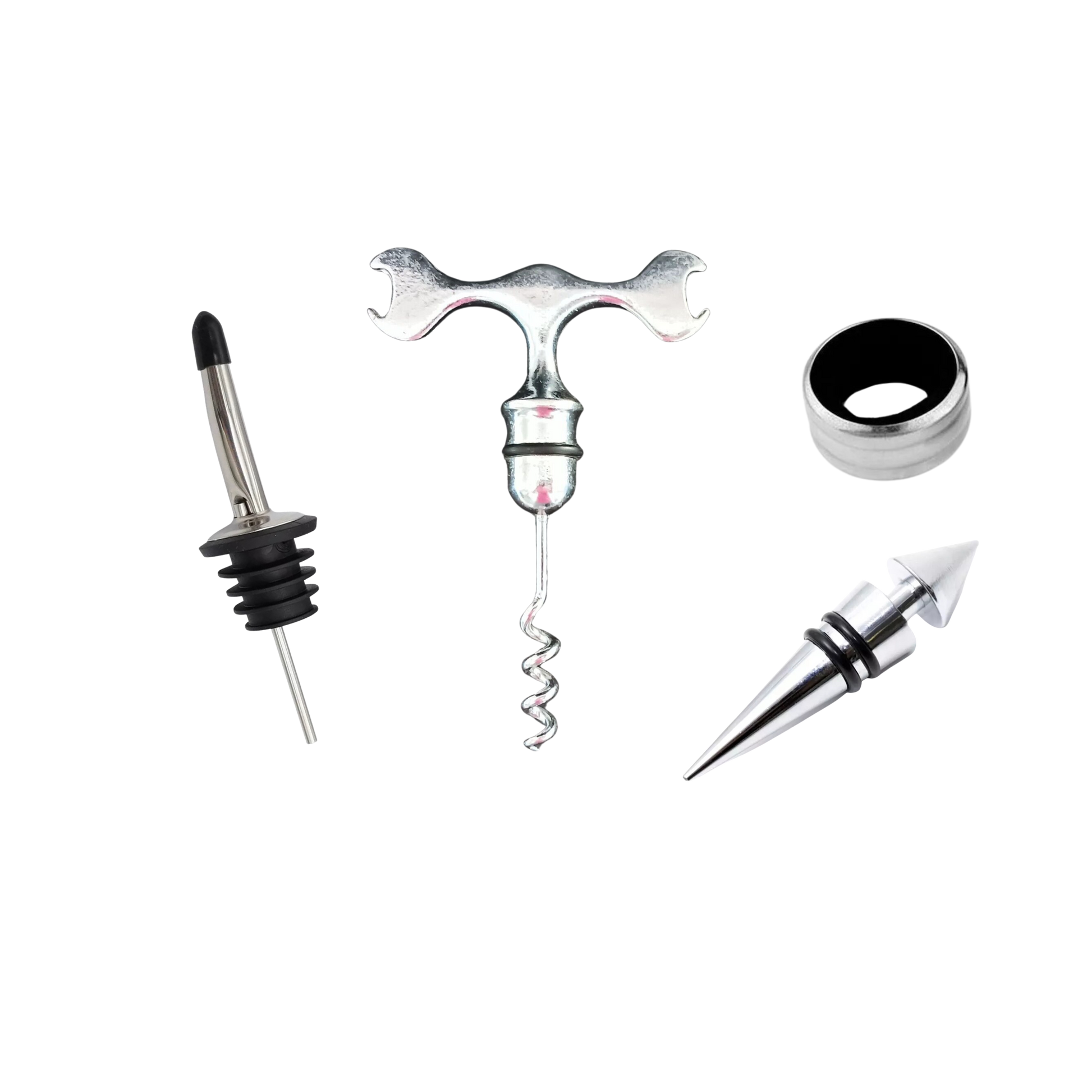 Set de accesorios para vino con descorchador, tapón y vertedor antigoteo, ideal para amantes del vino.