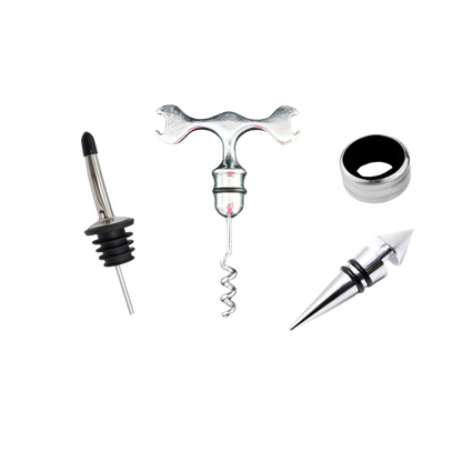 Set de accesorios para vino con descorchador, tapón y vertedor antigoteo, ideal para amantes del vino.