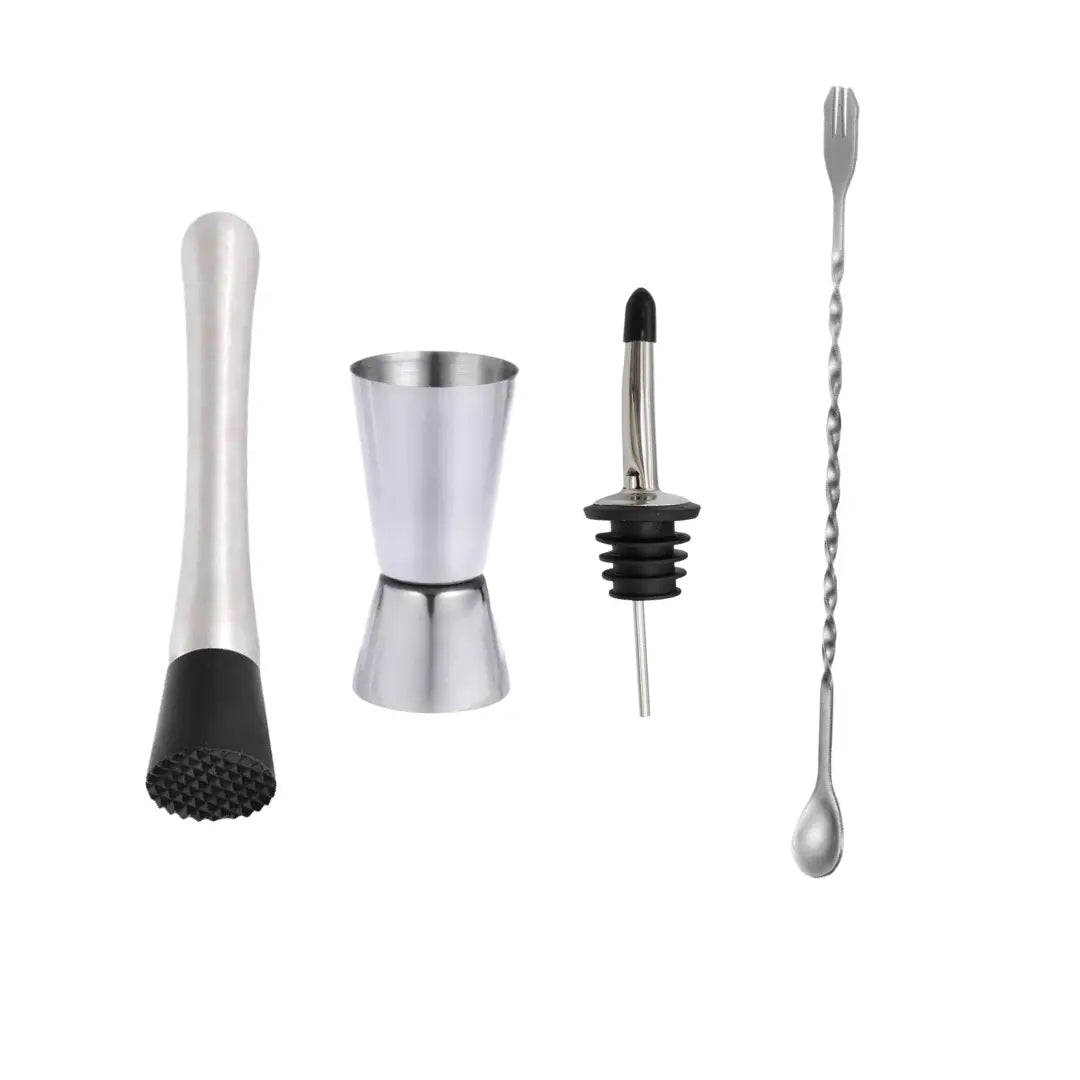 Set de herramientas de bar para preparar mojitos y cócteles, incluye mortero, medidor, cuchara trenzada y dosificador.