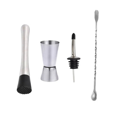 Set de herramientas de bar para preparar mojitos y cócteles, incluye mortero, medidor, cuchara trenzada y dosificador.