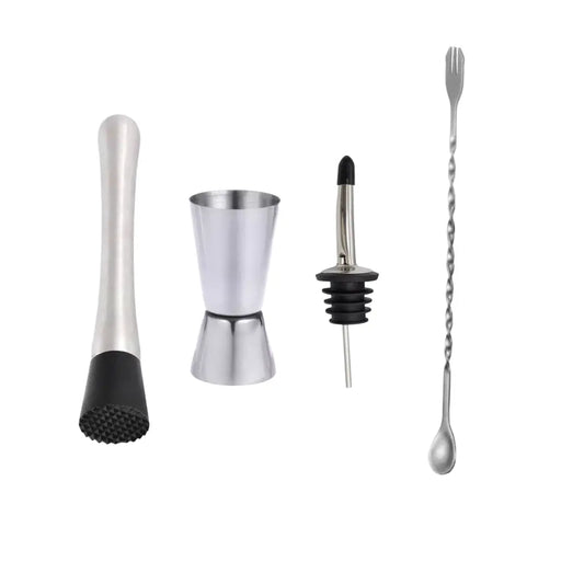 Set de herramientas de bar para preparar mojitos y cócteles, incluye mortero, medidor, cuchara trenzada y dosificador.