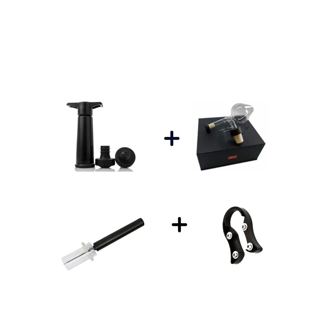 Set de regalo para vino con accesorios de elegancia y preservación, ideal para conservar y disfrutar el vino con estilo.