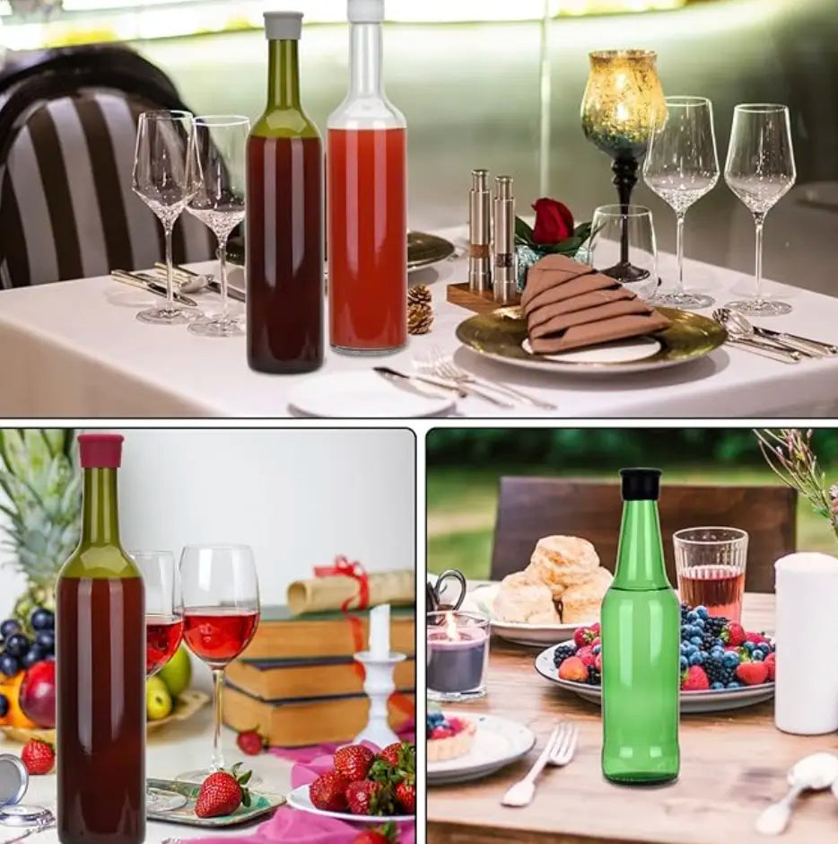 Set de 5 tapones de silicona gris para vino, diseñados para sellar botellas y conservar la frescura del vino por más tiempo.