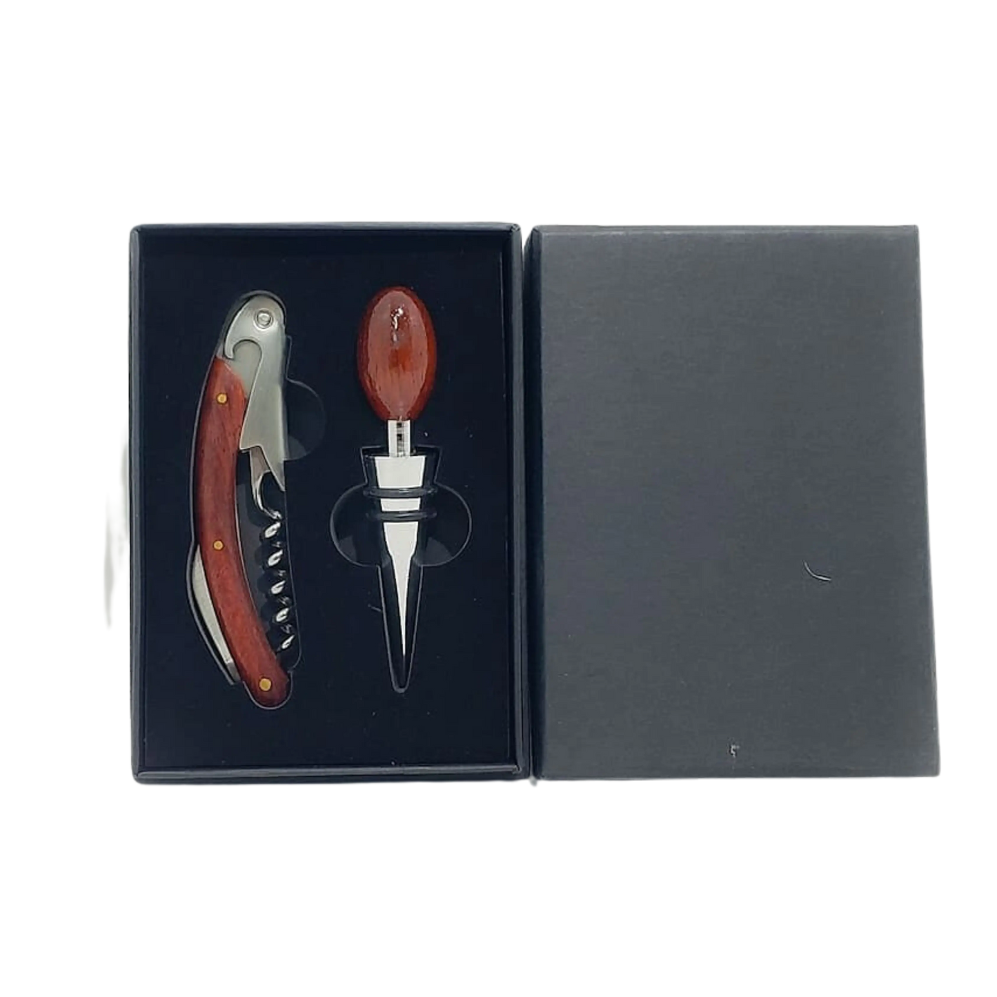Set de vino elegante con estuche de madera, incluye sacacorchos y tapón para conservar el vino.