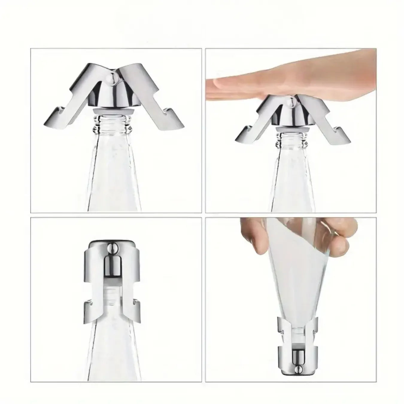 Tapón de acero inoxidable para espumantes y otras botellas, con cierre hermético que preserva la frescura y burbujas.