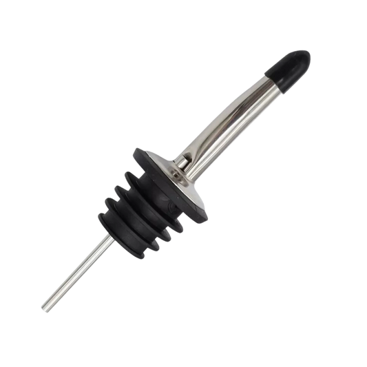 Tapón vertedor con cuerpo de acero y base de silicona negra, diseñado para un servicio profesional y limpio.