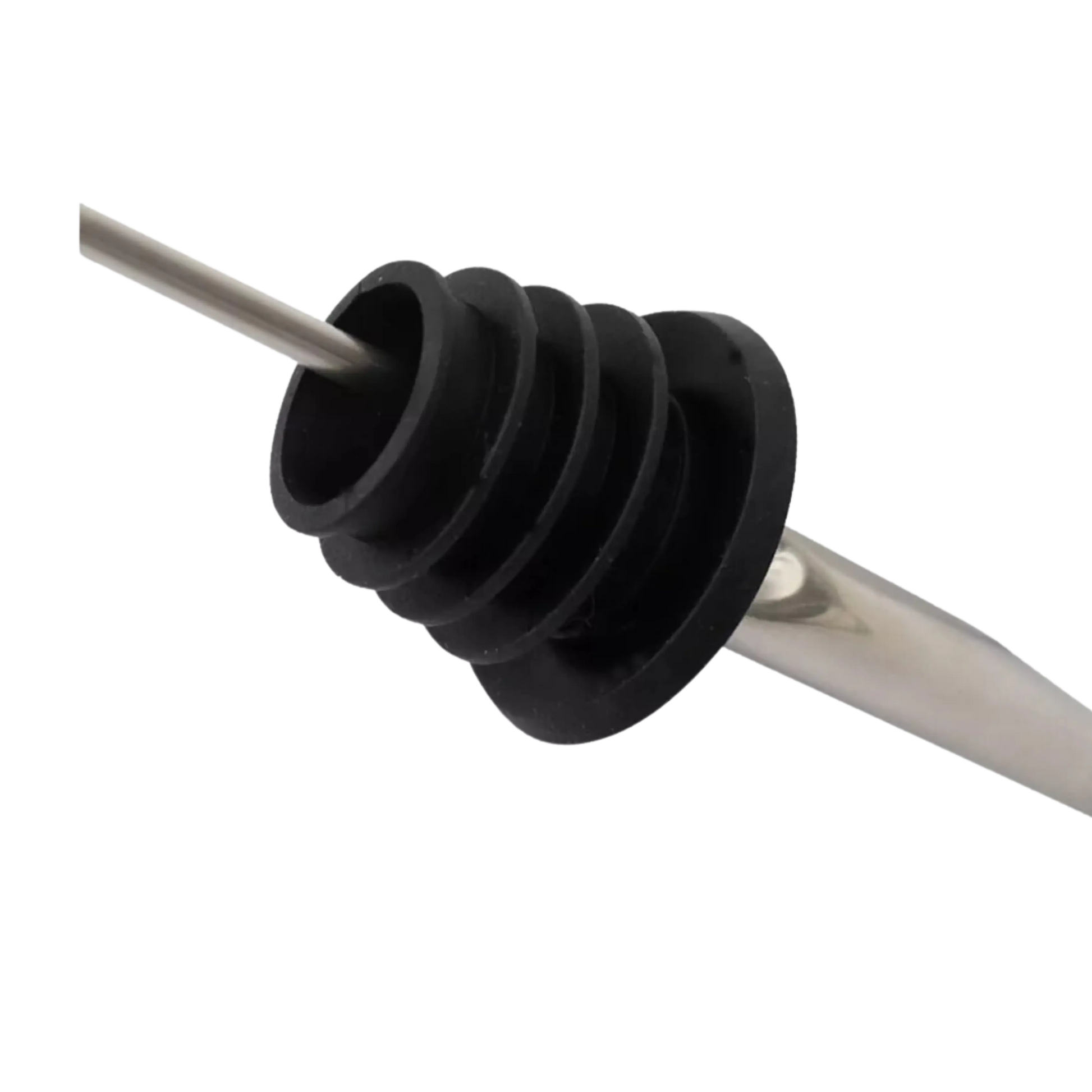 Tapón vertedor antigoteo en acero inoxidable con base de silicona negra, ideal para vino y licores.