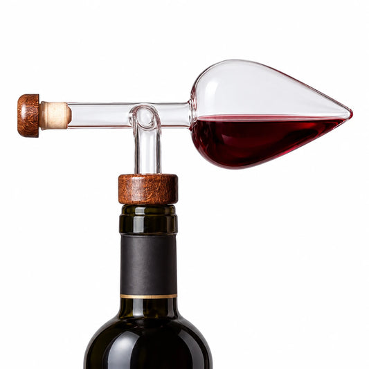 Aireador decantador Centellino 125 ml de vidrio soplado puesto en una botella, con una copa de vino medida en la ampolla