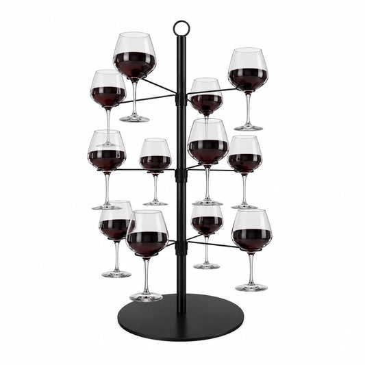 Negro - Árbol de copas negro de 12 brazos con 12 copas de vino tinto, base circular de 25 cm