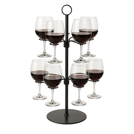 Árbol de copas Wine Tree para 8 unidades con dos brazos de metal, base circular con copas de vino colgadas