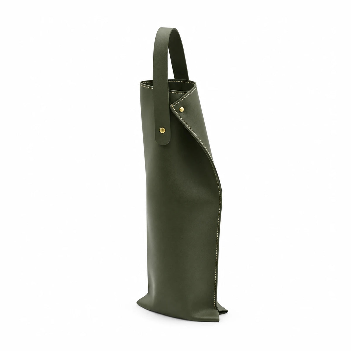 Bolsa para vino de ecocuero verde oliva con solapa cruzada, remaches de latón y asa