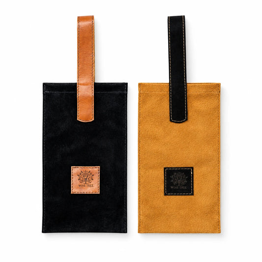 Bolsas de cuero para botella de vino Wine Tree en gamuza negra y camel, hechas a mano en Chile