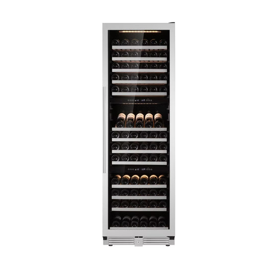 Cava de vino Bacool BC165T de 154 botellas con tres zonas de temperatura, vista frontal completa
