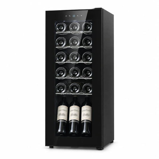 Cava de vino Bacool BC18S de 18 botellas con puerta de vidrio, vista en 3/4 sobre fondo blanco