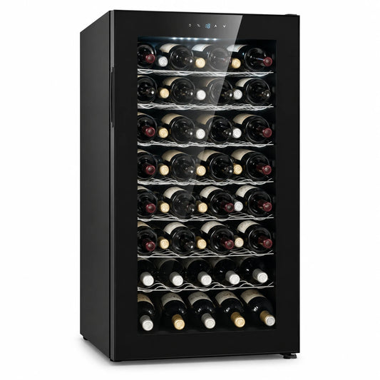 Cava de vino Bacool BC56S de 56 botellas con puerta de vidrio y luz LED interior, vista en 3/4 sobre fondo blanco