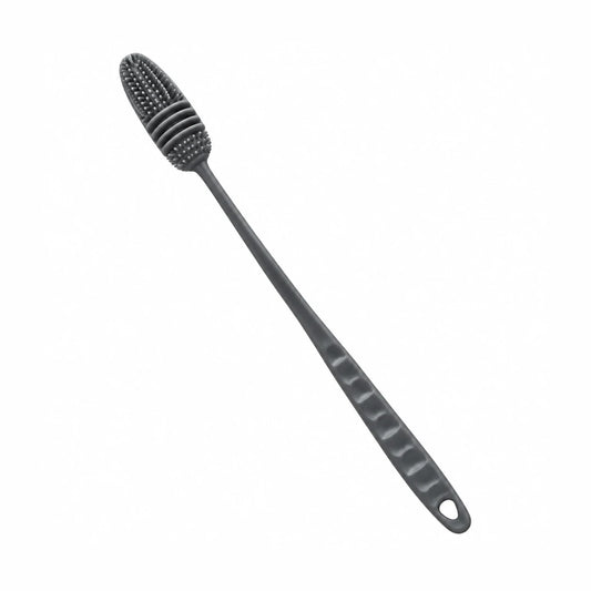 Cepillo de silicona flexible gris para limpiar botellas, decantadores y copas, vista completa
