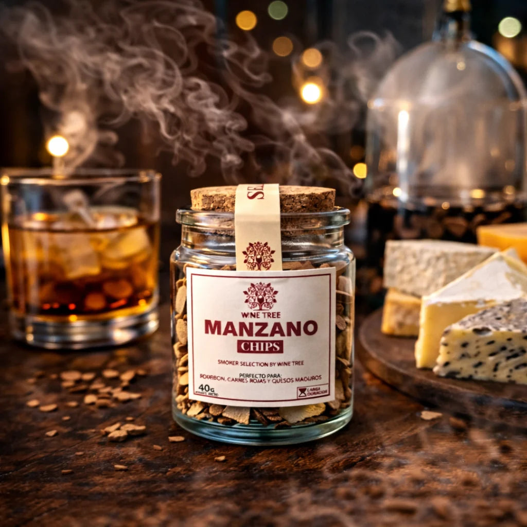 Chips de manzano Wine Tree junto a whisky y quesos maduros, ambiente ahumado