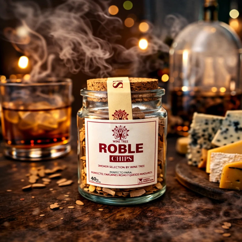 Chips de roble Wine Tree junto a whisky y quesos maduros, ambiente ahumado