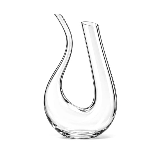 Decantador de vino de cristal en forma de U de 1,5 litros, sobre fondo blanco
