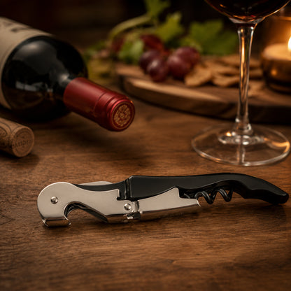 Descorchador de camarero metálico sobre mesa de madera, junto a botella de vino, copa y uvas