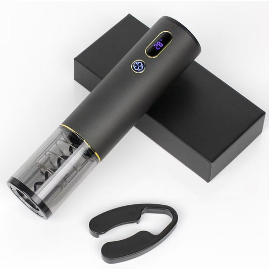Descorchador eléctrico recargable Mini EV07 en negro con display, junto a su estuche y corta cápsulas