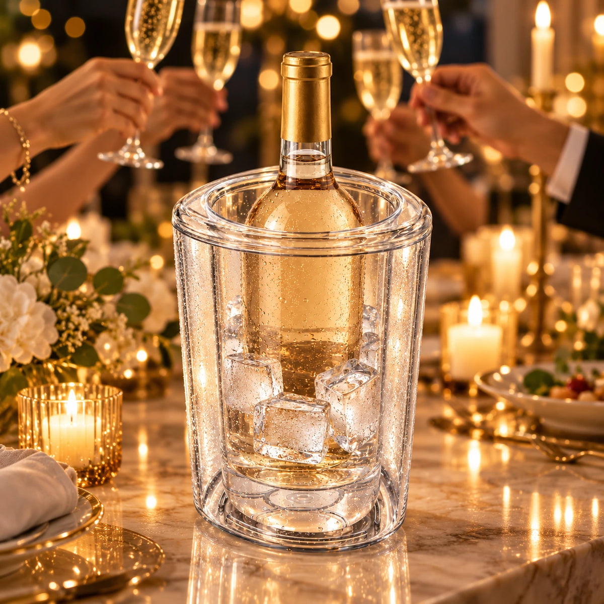 Hielera Cosmos Ghidini con botella de vino blanco en una cena de celebración con brindis de espumante