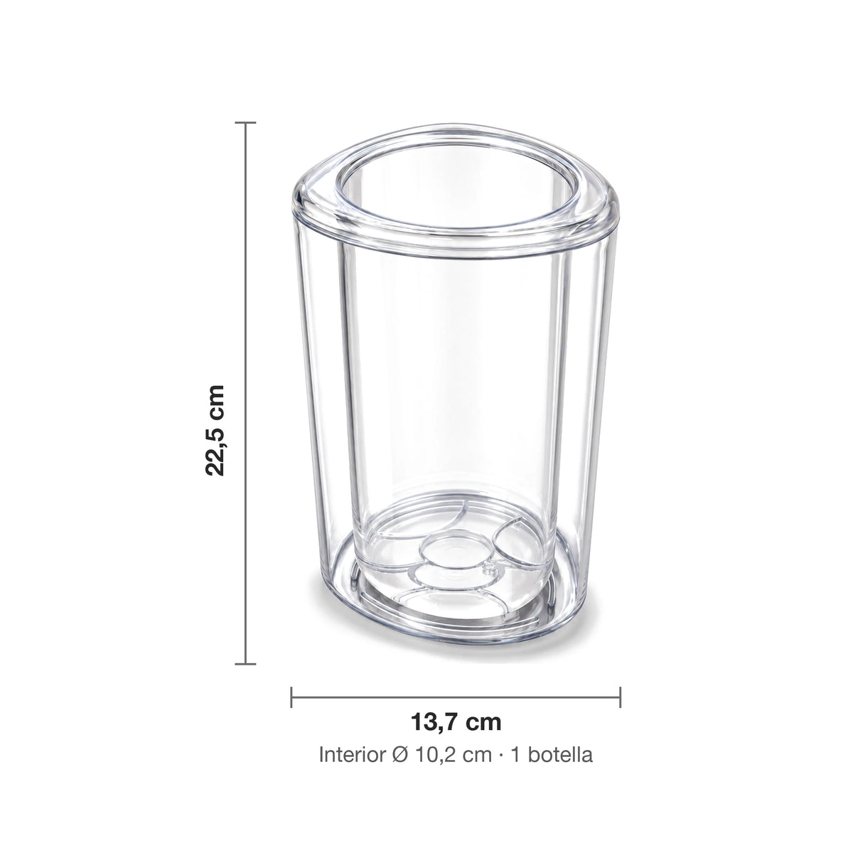 Medidas de la hielera Cosmos Ghidini: 22,5 cm de alto, 13,7 cm de ancho e interior de 10,2 cm de diámetro para 1 botella