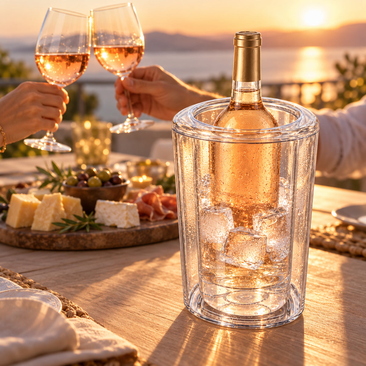 Brindis con vino rosado al atardecer junto a la hielera acrílica Cosmos de Ghidini con botella y hielo