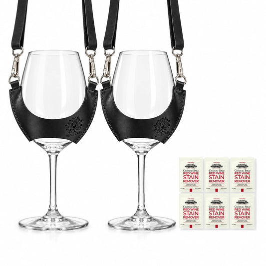 Pack con 2 copas Carménère en porta copas de cuero negro Wine Tree y 6 toallitas quitamanchas Château Spill
