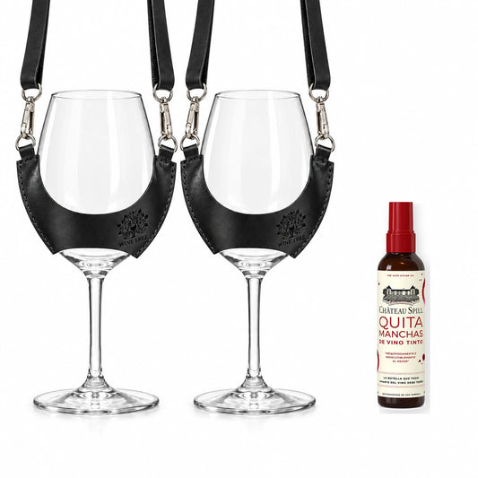 Pack con 2 copas Carménère en porta copas de cuero negro Wine Tree y quitamanchas Château Spill en spray