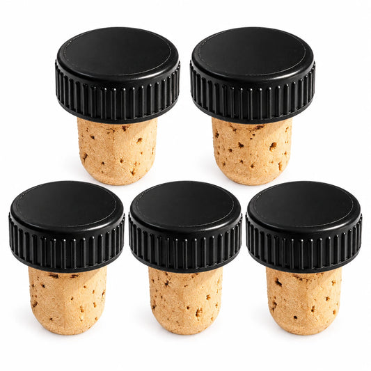 Pack de 5 tapones herméticos de corcho natural y PMMA negro para vino y licores, sobre fondo blanco