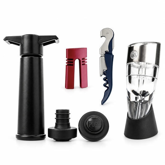 Pack de accesorios para vino: decantador aireador Unique, bomba de vacío, cortacápsulas y sacacorchos de dos tiempos