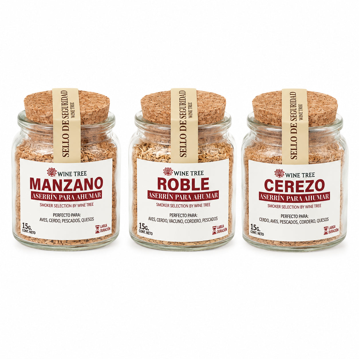 Pack de aserrín para ahumar Wine Tree con frascos de manzano, roble y cerezo de 15 g cada uno