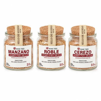 Pack de aserrín para ahumar Wine Tree con frascos de manzano, roble y cerezo de 15 g cada uno