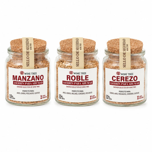 Pack de aserrín para ahumar Wine Tree con frascos de manzano, roble y cerezo de 15 g cada uno
